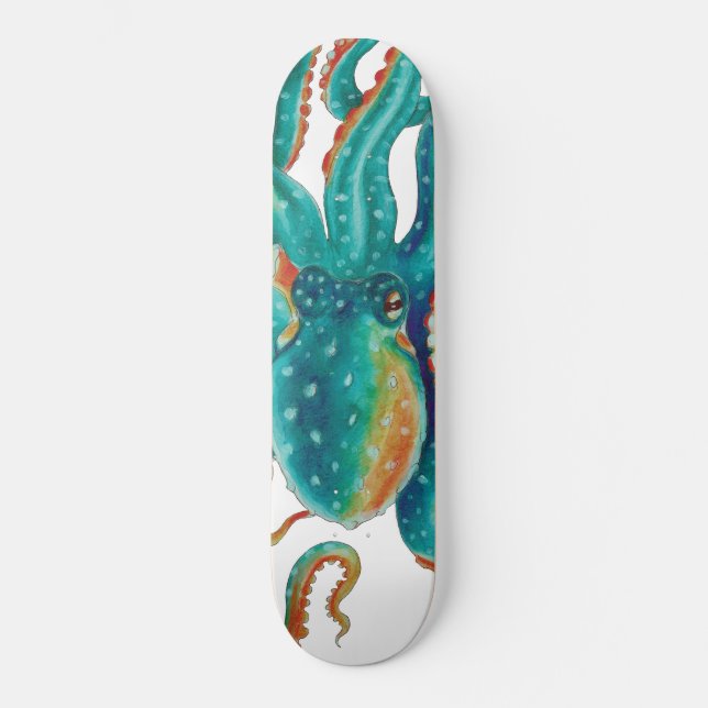 Octopus Teal Watercolor Tentacles Watercolor Skateboard (Front)