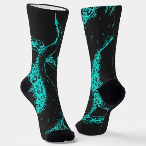 octopus tentacles aqua on black socks
