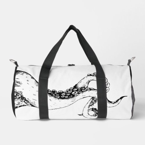 octopus tentacles black on white duffle bag