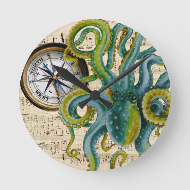 Octopus Tentacles Compass Music Round Clock (Front)
