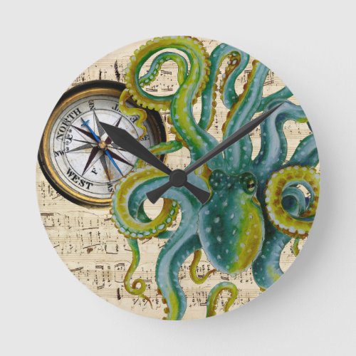 Octopus Tentacles Compass Music Round Clock