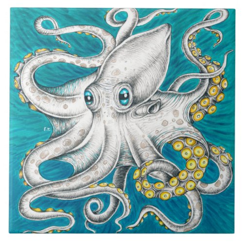 Octopus Tentacles Green teal ink Ceramic Tile