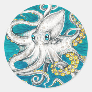 Octopus Tentacles Green teal ink Classic Round Sticker