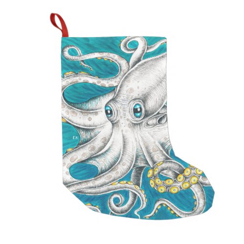 Octopus Tentacles Green teal ink Small Christmas Stocking