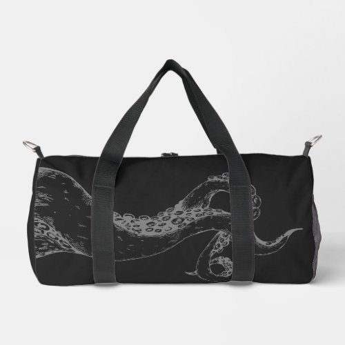 octopus tentacles grey on black duffle bag