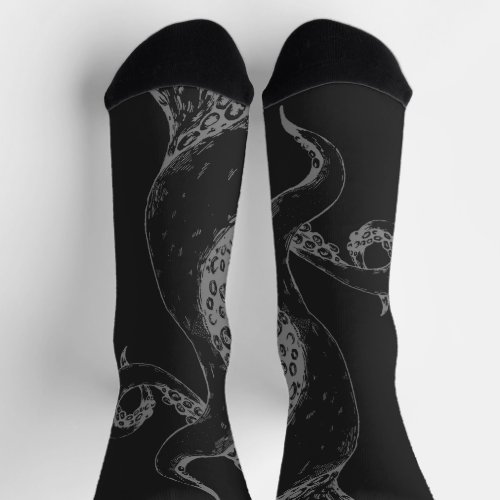 octopus tentacles grey on black socks
