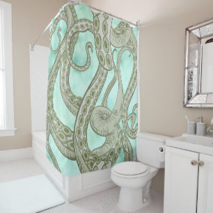 Octopus Tentacles on Green Watercolor Shower Curtain