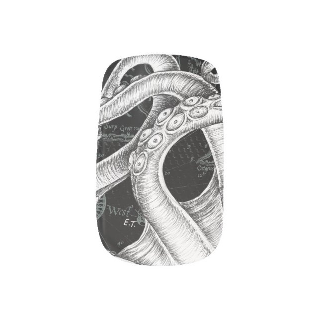 Octopus Tentacles Vintage Map Black Minx Nail Art (Left Thumb)