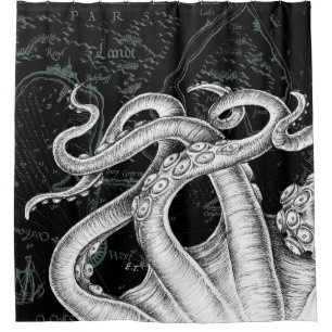 Octopus Tentacles Vintage Map Black Shower Curtain