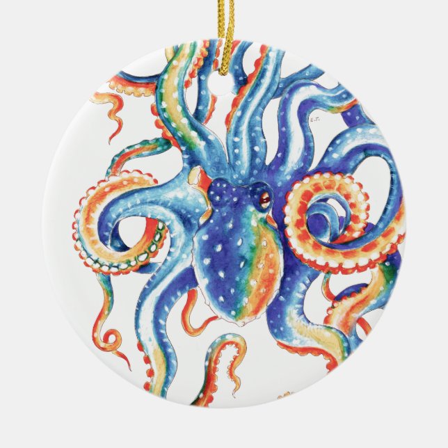 Octopus Tentacles Watercolor Colorful Art Ceramic Ornament (Front)