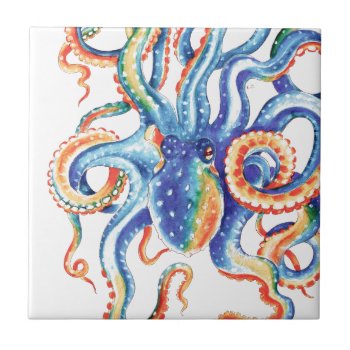 Octopus Tentacles Watercolor Colorful Art Ceramic Tile by EveyArtStore at Zazzle
