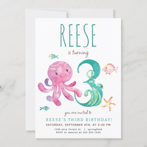 Octopus Third Birthday Invitation