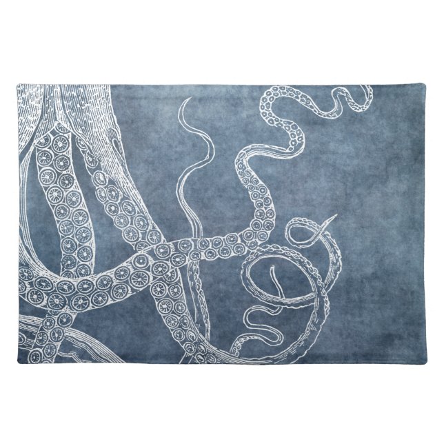 Octopus Twilight Blue Denim Watercolor Art Cloth Placemat (Front)