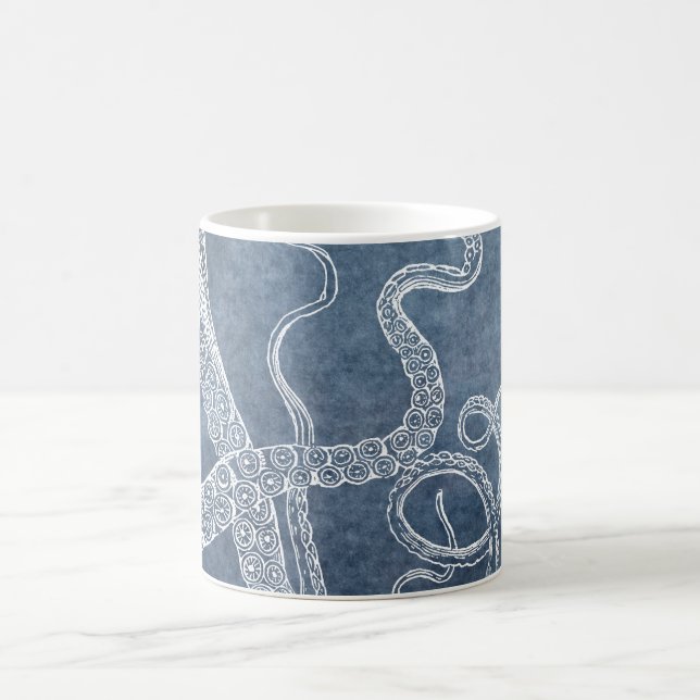 Octopus Twilight Blue Denim Watercolor Art Coffee Mug (Center)