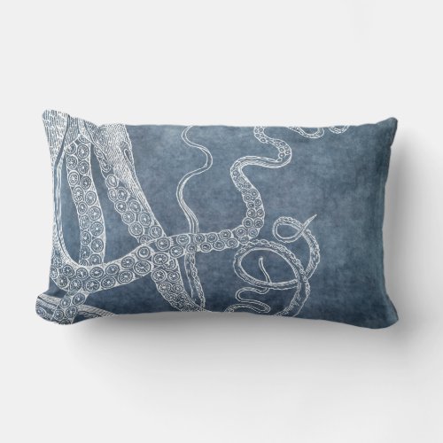 Octopus Twilight Blue Denim Watercolor Art Lumbar Pillow
