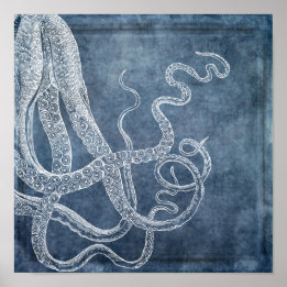 Octopus Twilight Blue Denim Watercolor Art Poster
