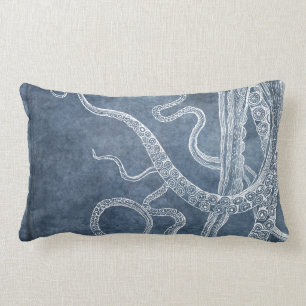 Octopus - Twilight Blue Faded Denim Watercolor Art Lumbar Pillow