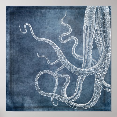 Octopus _ Twilight Blue Faded Denim Watercolor Art Poster