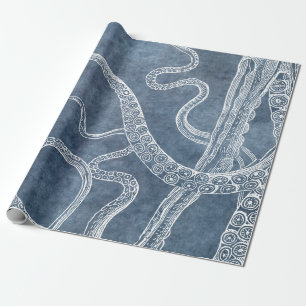 Octopus - Twilight Blue Faded Denim Watercolor Art Wrapping Paper