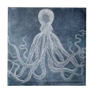 Octopus - Twilight Blue Faded Denim Watercolor Ceramic Tile