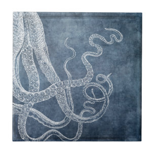 Octopus - Twilight Blue Faded Denim Watercolor Ceramic Tile