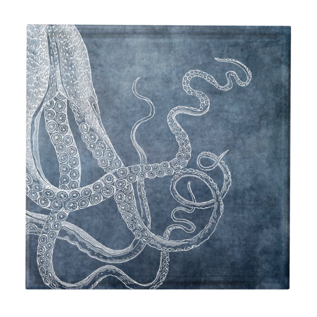 Octopus - Twilight Blue Faded Denim Watercolor Ceramic Tile (Front)