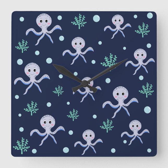 Octopus under the sea kids pattern square wall clock (Front)