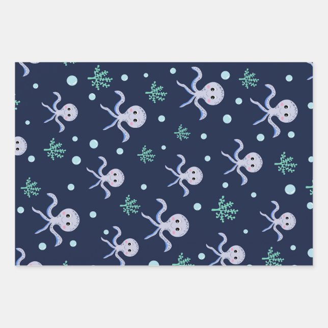 Octopus under the sea kids pattern wrapping paper sheets (Front)