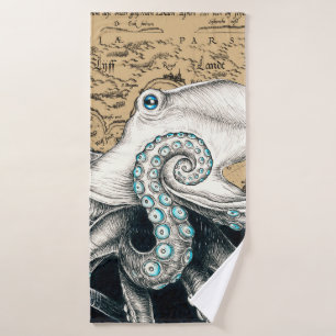 Octopus Vintage Map Beige Bath Towel Set