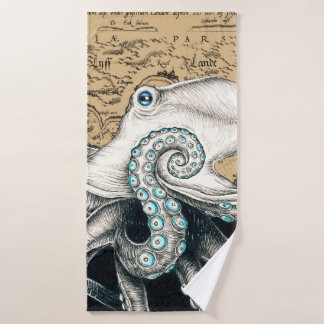 Octopus Vintage Map Beige Bath Towel Set