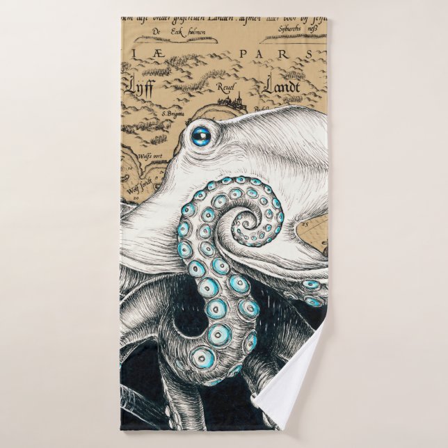 Octopus Vintage Map Beige Bath Towel Set (Bath Towel)