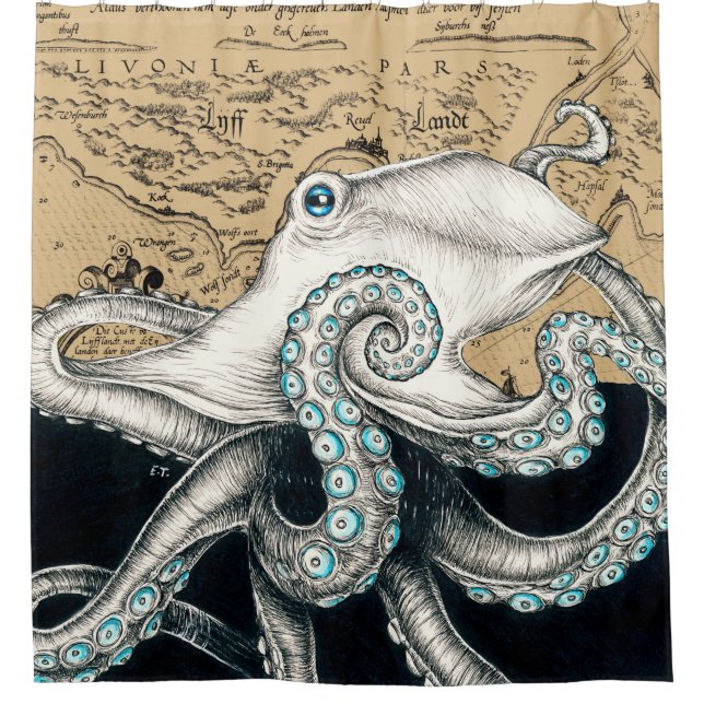 Octopus Vintage Map Beige Shower Curtain (Front)