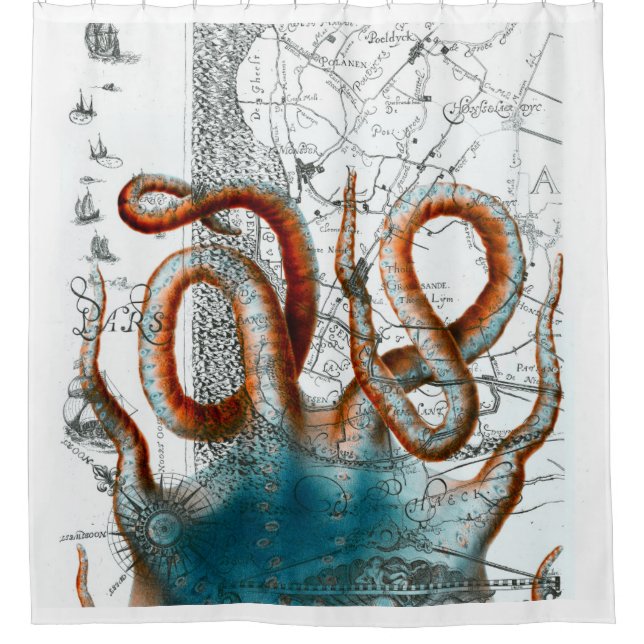 Octopus Vintage Map Shower Curtain (Front)