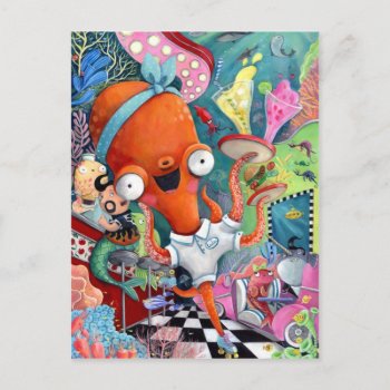 Octopus Waitress In Underwater Road Bar Postcard by colonelle at Zazzle