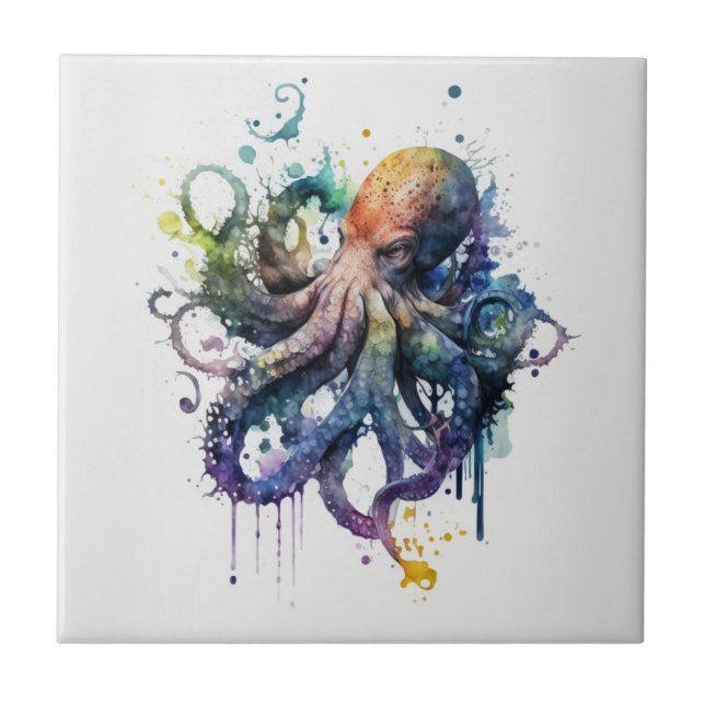 Octopus, Watercolor, Ceramic Tile (Front)