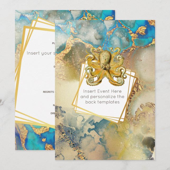 Octopus watercolor gold blue brown nautical invitation (Front/Back)