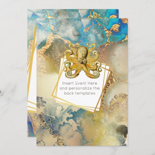 Octopus watercolor gold blue brown nautical invitation