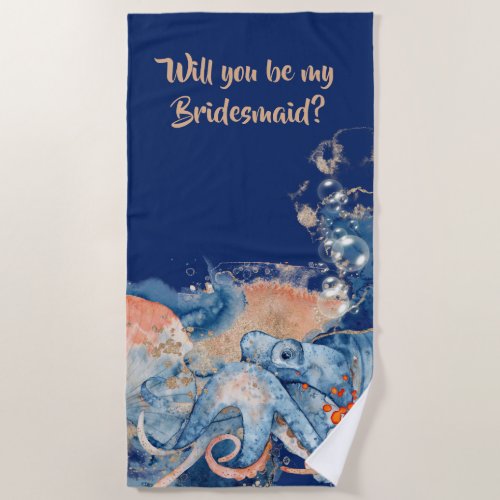 Octopus watercolor navy orange be my bridesmaid beach towel