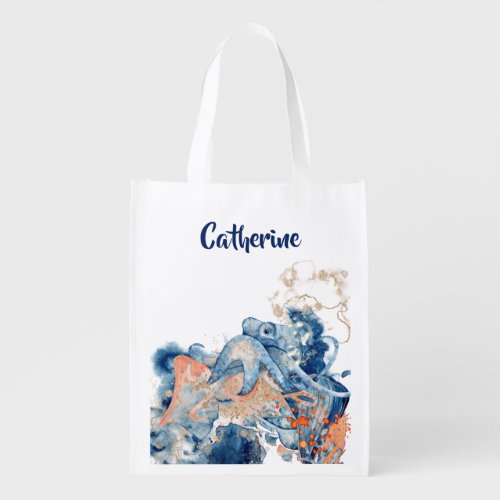 Octopus watercolor ocean splash nautical DIY name Grocery Bag