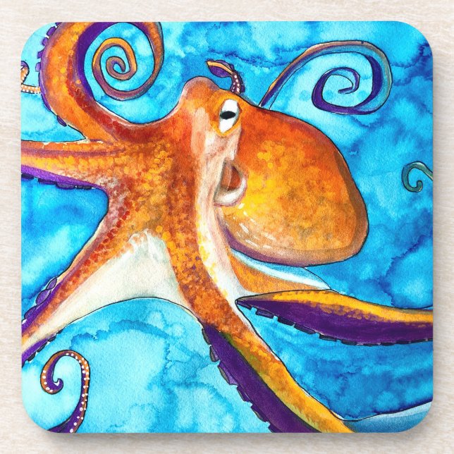 Octopus watercolor under the sea art beverage coaster (Front)