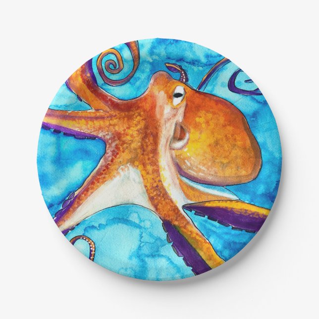 Octopus watercolor under the sea art paper plates (Front)