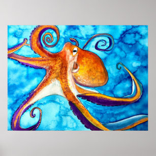 Octopus watercolor under the sea art poster