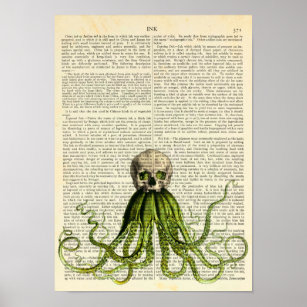 Octopus Wearing a Skull, Gothic, Horror, Squid Art Poster