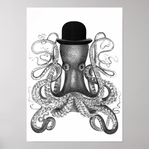 Octopus Wearing Bowler Hat Vintage Octopus Art Poster