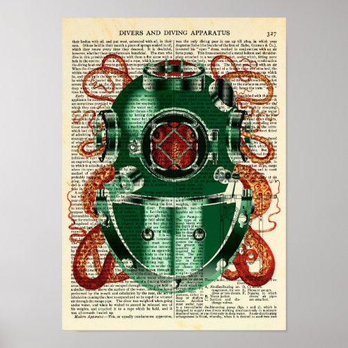 Octopus Wearing Diving Helmet Vintage Curiosity Poster