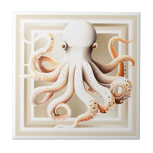 Octopus white orange gold nautical beach glam chic ceramic tile