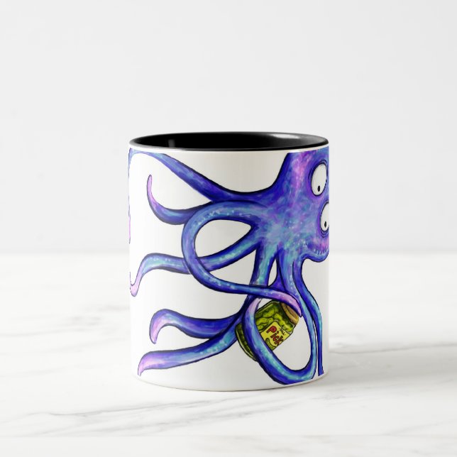 Octopus with a pickle jar Two-Tone coffee mug (Center)