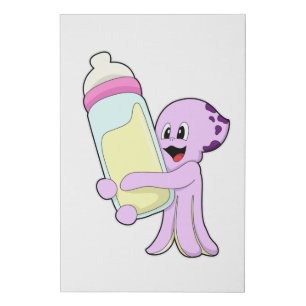 Octopus with Baby bottle Milk Faux Canvas Print