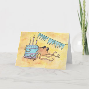 Octopus with Cake Happy Birthday Card