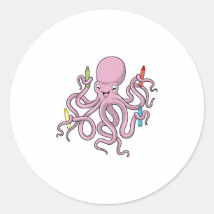 Octopus with Crayon Classic Round Sticker